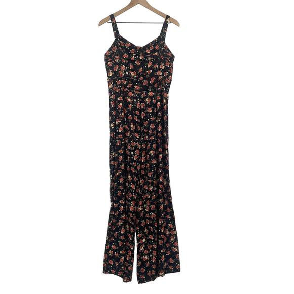 Farm Rio Jumpsuit Ditsy Floral Rose Print Wide Leg Cutout Bodice Black Womens 6 - Picture 4 of 10